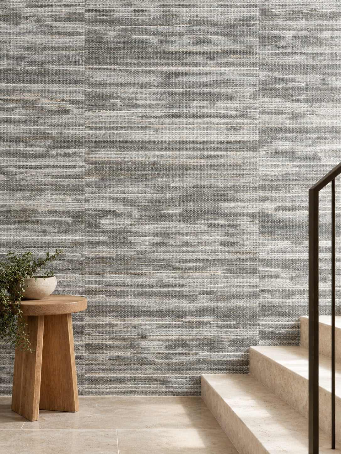 Silver Grey Linear Abaca Wallpaper — styled minimal stair landing visualisation with fine woven texture and subtle flush wallpaper joins