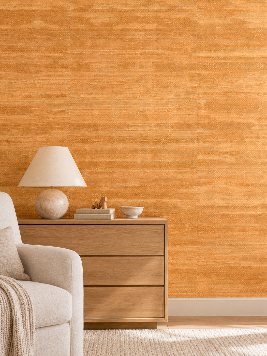Orange Textured Abaca Wallpaper — styled soft linen nursery visualisation with fine woven texture and subtle flush wallpaper joins