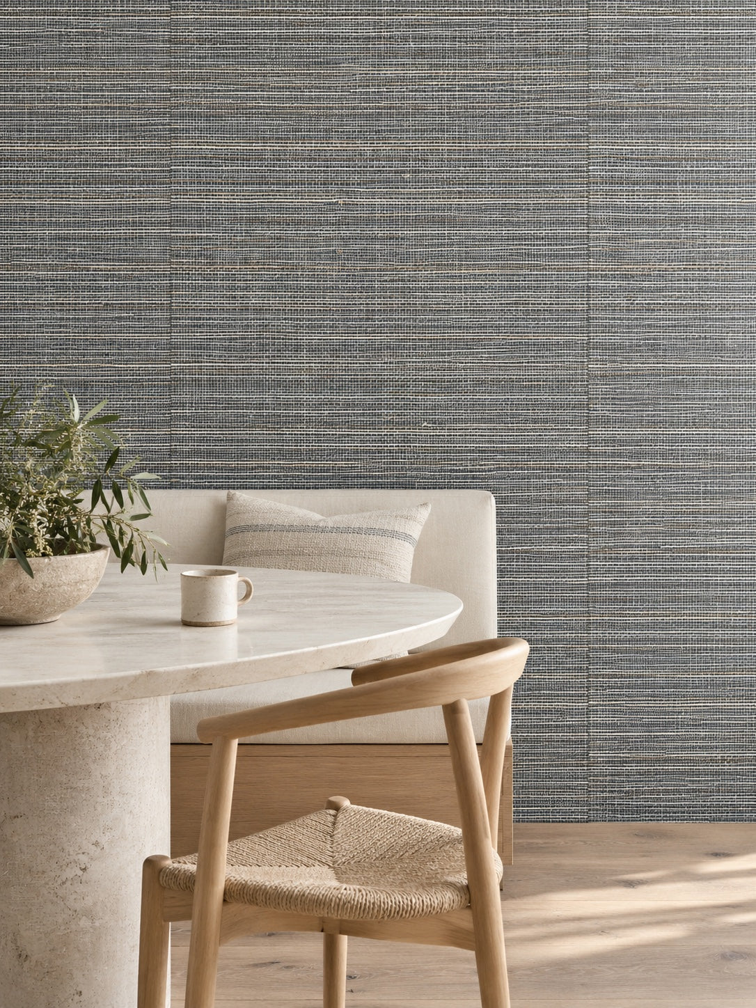 Charcoal Grey Open Weave Abaca Wallpaper — styled coastal breakfast room visualisation with fine woven texture and subtle flush wallpaper joins