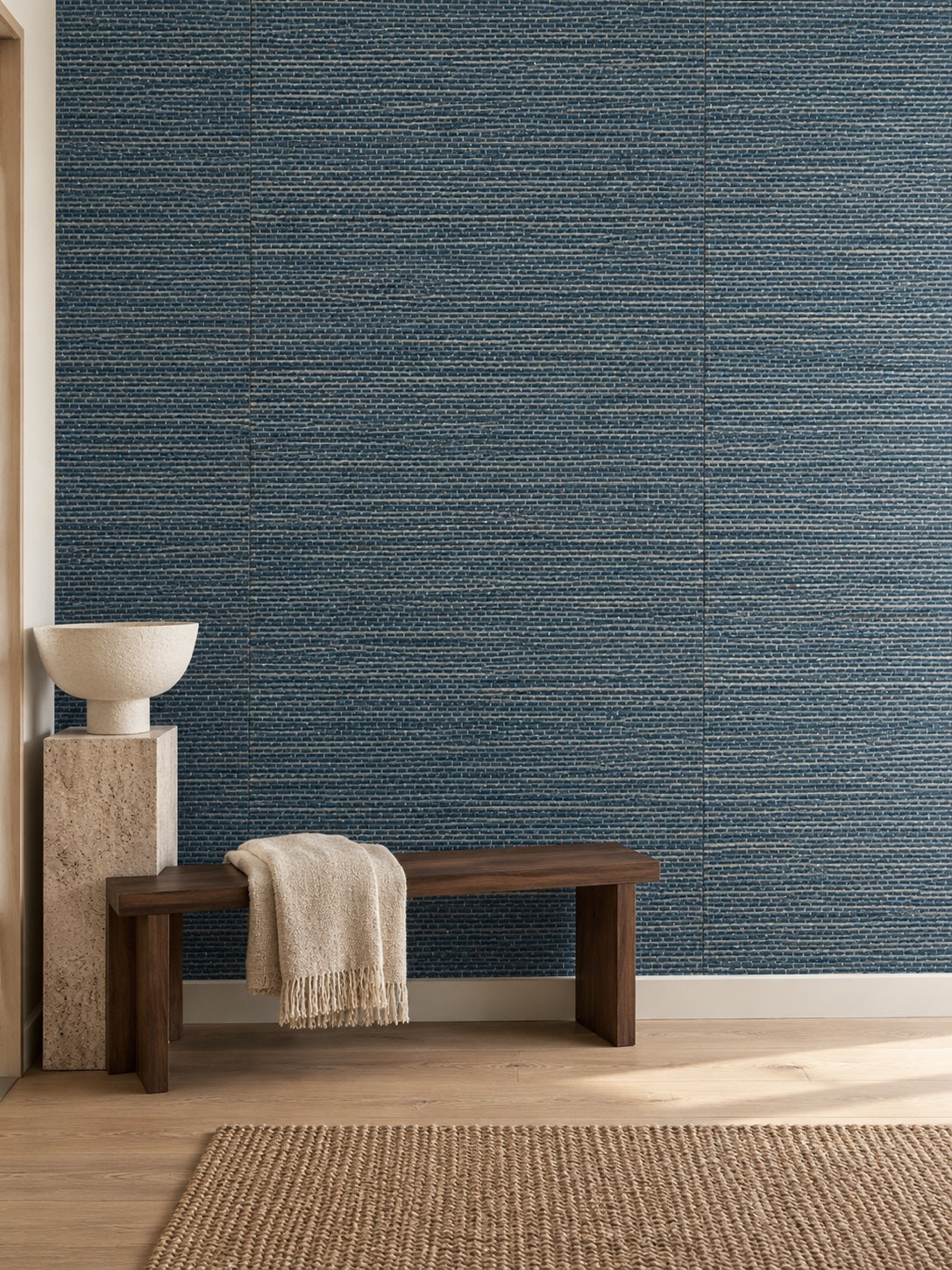 Navy Blue Basketweave Abaca Wallpaper — styled sculptural hallway visualisation with fine woven texture and subtle flush wallpaper joins