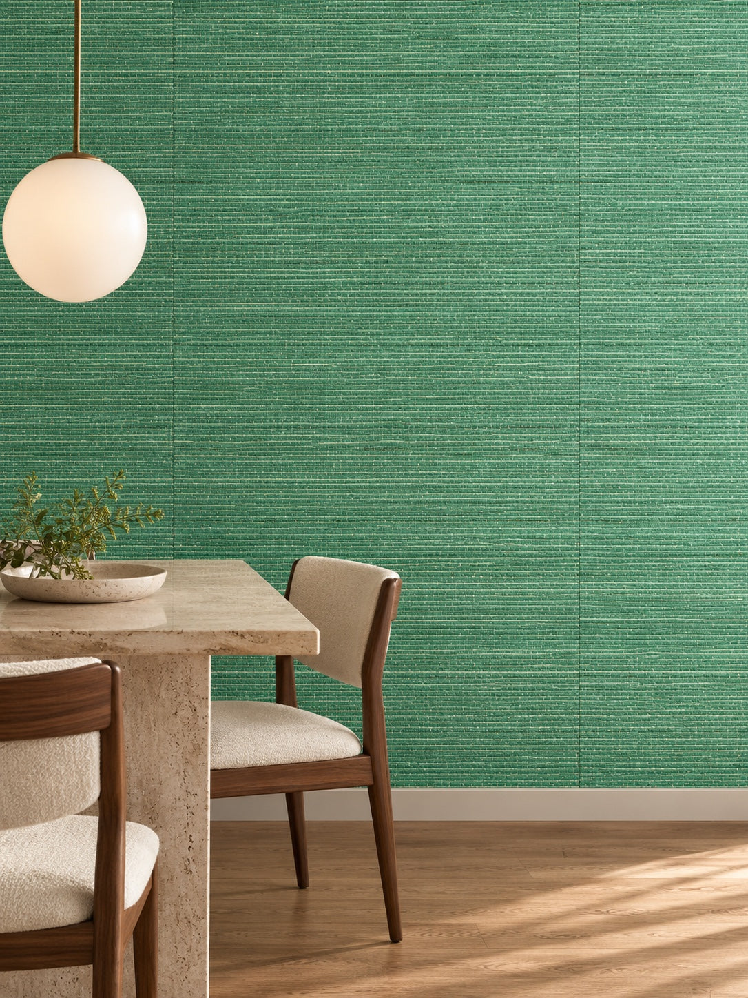 Emerald Green Basketweave Abaca Wallpaper — styled modern apartment dining visualisation with fine woven texture and subtle flush wallpaper joins