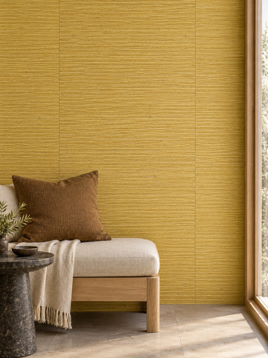 Golden Yellow Basketweave Abaca Wallpaper — styled quiet window seat visualisation with fine woven texture and subtle flush wallpaper joins