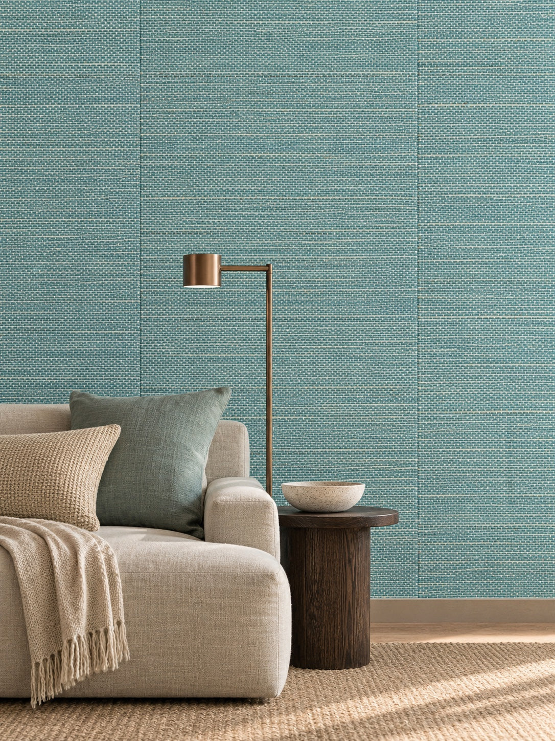 Aqua Teal Basketweave Abaca Wallpaper — styled calm media lounge visualisation with fine woven texture and subtle flush wallpaper joins