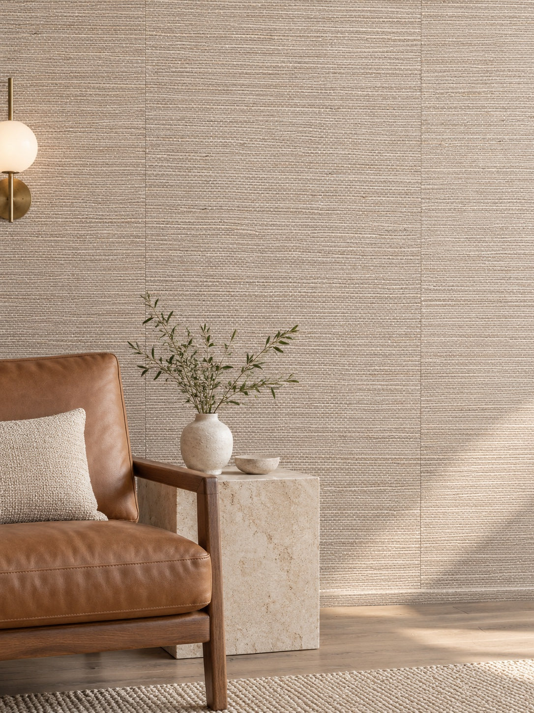 Mushroom Taupe Basketweave Abaca Wallpaper — styled stone and leather salon visualisation with fine woven texture and subtle flush wallpaper joins