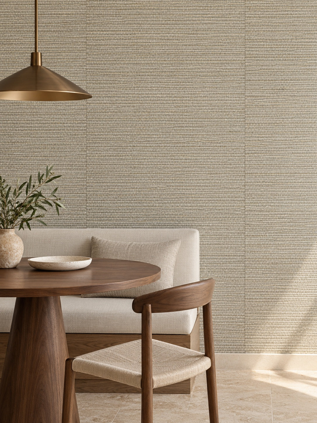 Greige Textured Abaca Wallpaper — styled modern dining banquette visualisation with fine woven texture and subtle flush wallpaper joins