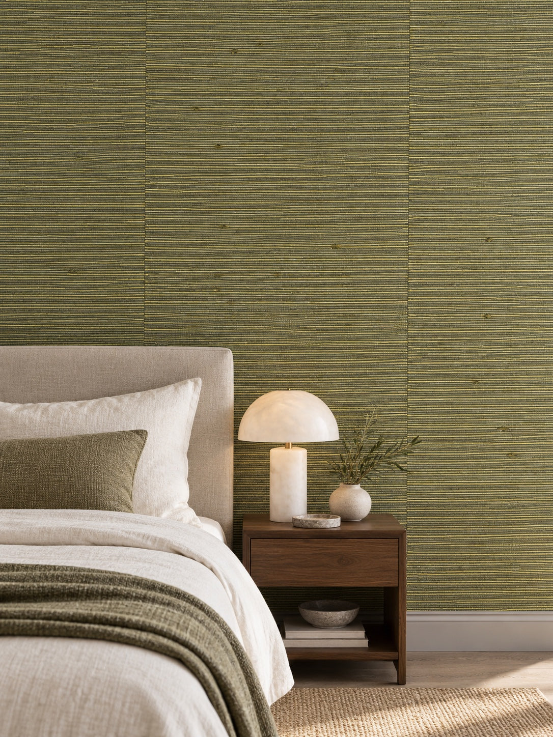 Olive Gold Woven Abaca Wallpaper — styled layered linen bedroom visualisation with fine woven texture and subtle flush wallpaper joins