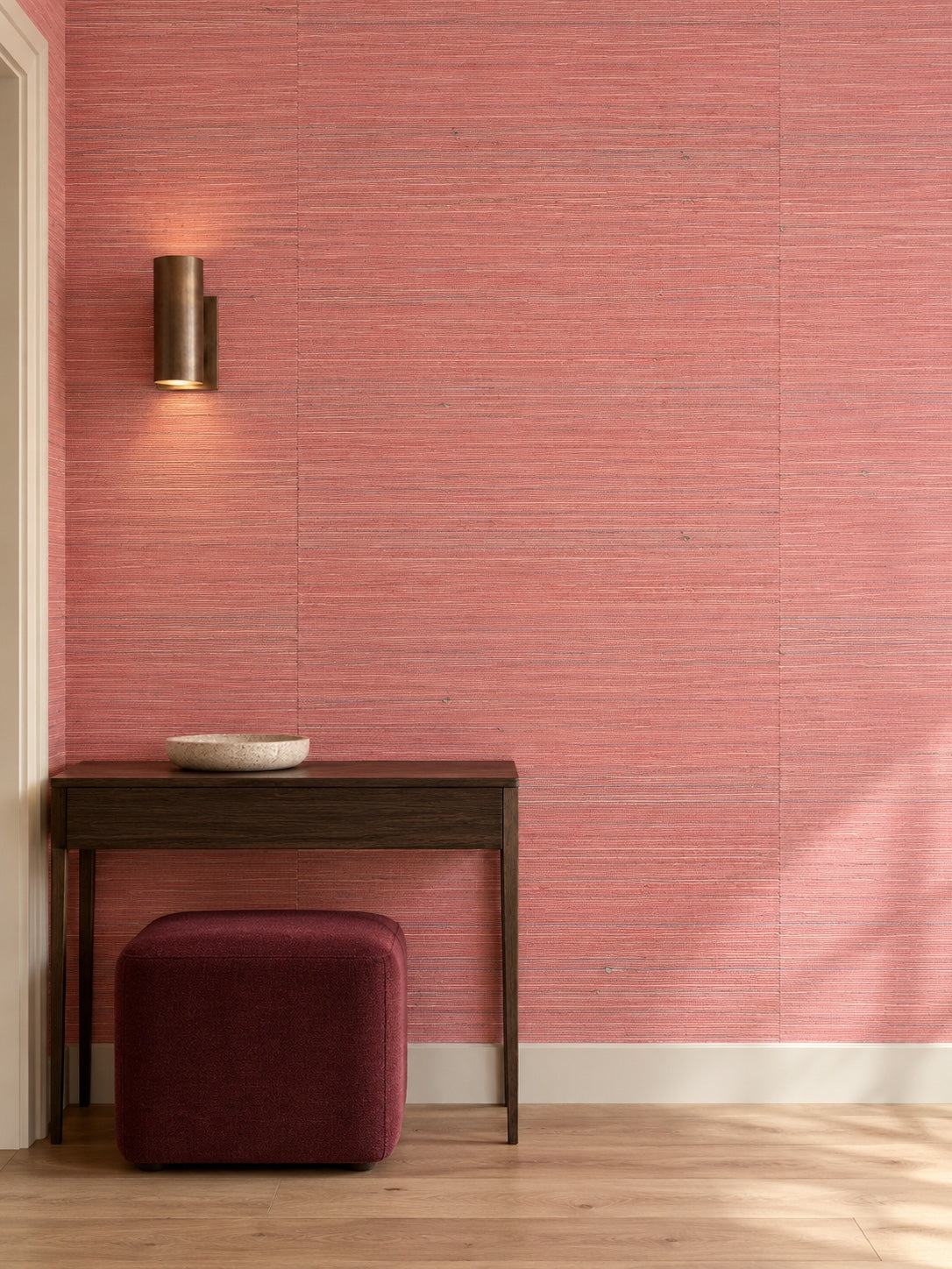 Dusty Rose Fine Weave Abaca Wallpaper — styled entry with dark oak visualisation with fine woven texture and subtle flush wallpaper joins