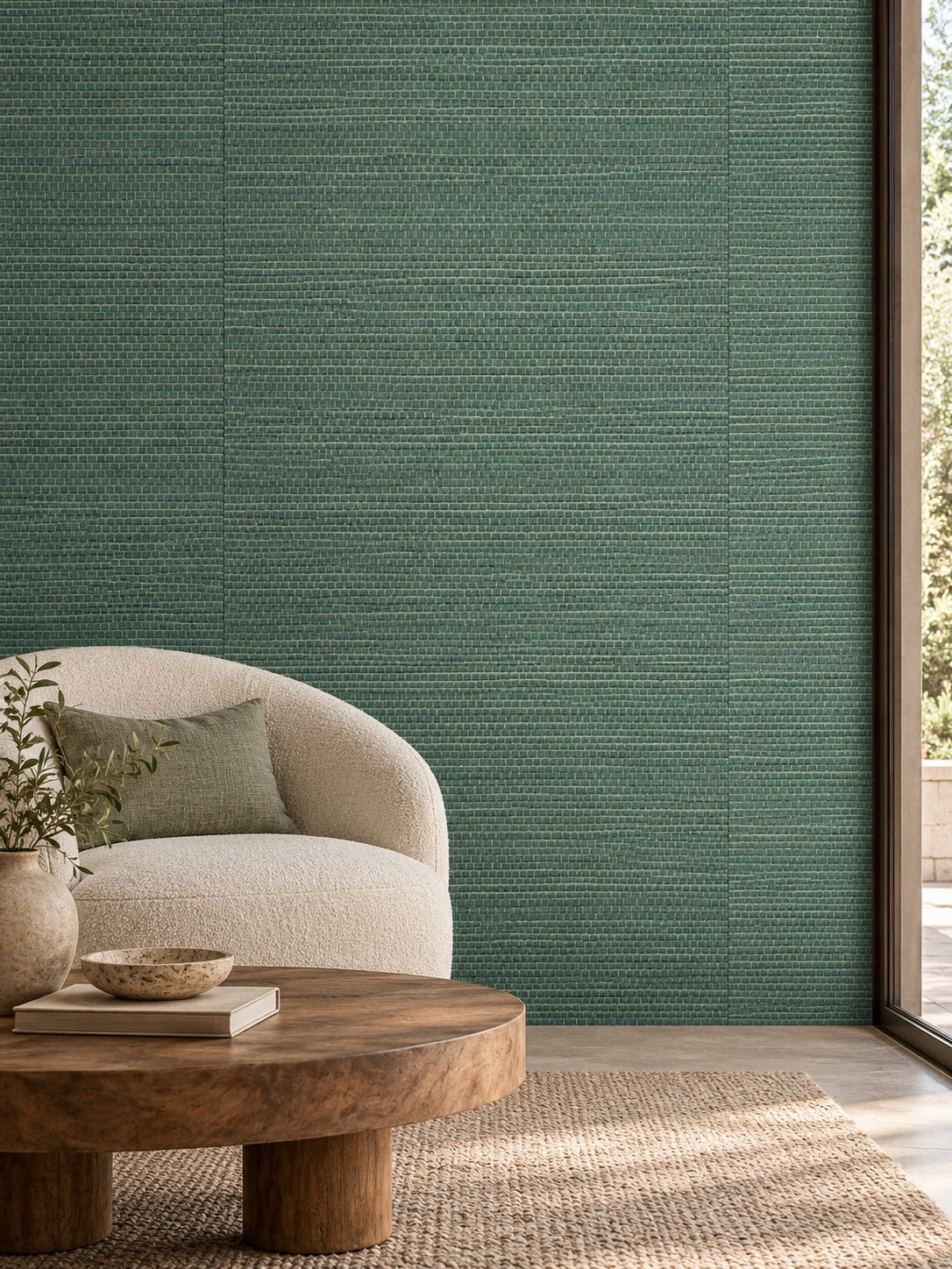 Dusty Forest Green Textured Abaca Wallpaper — styled terrace sitting room visualisation with fine woven texture and subtle flush wallpaper joins