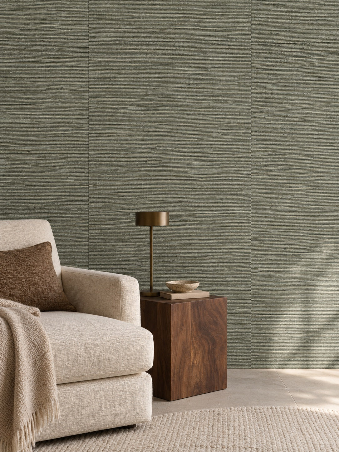 Grey Green Fine Weave Abaca Wallpaper — styled warm architectural retreat visualisation with fine woven texture and subtle flush wallpaper joins