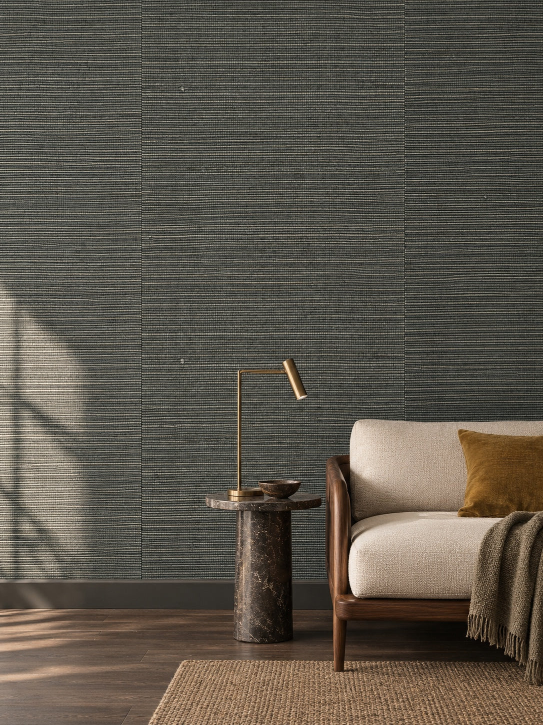 Dark Charcoal Green Woven Abaca Wallpaper — styled walnut salon visualisation with fine woven texture and subtle flush wallpaper joins