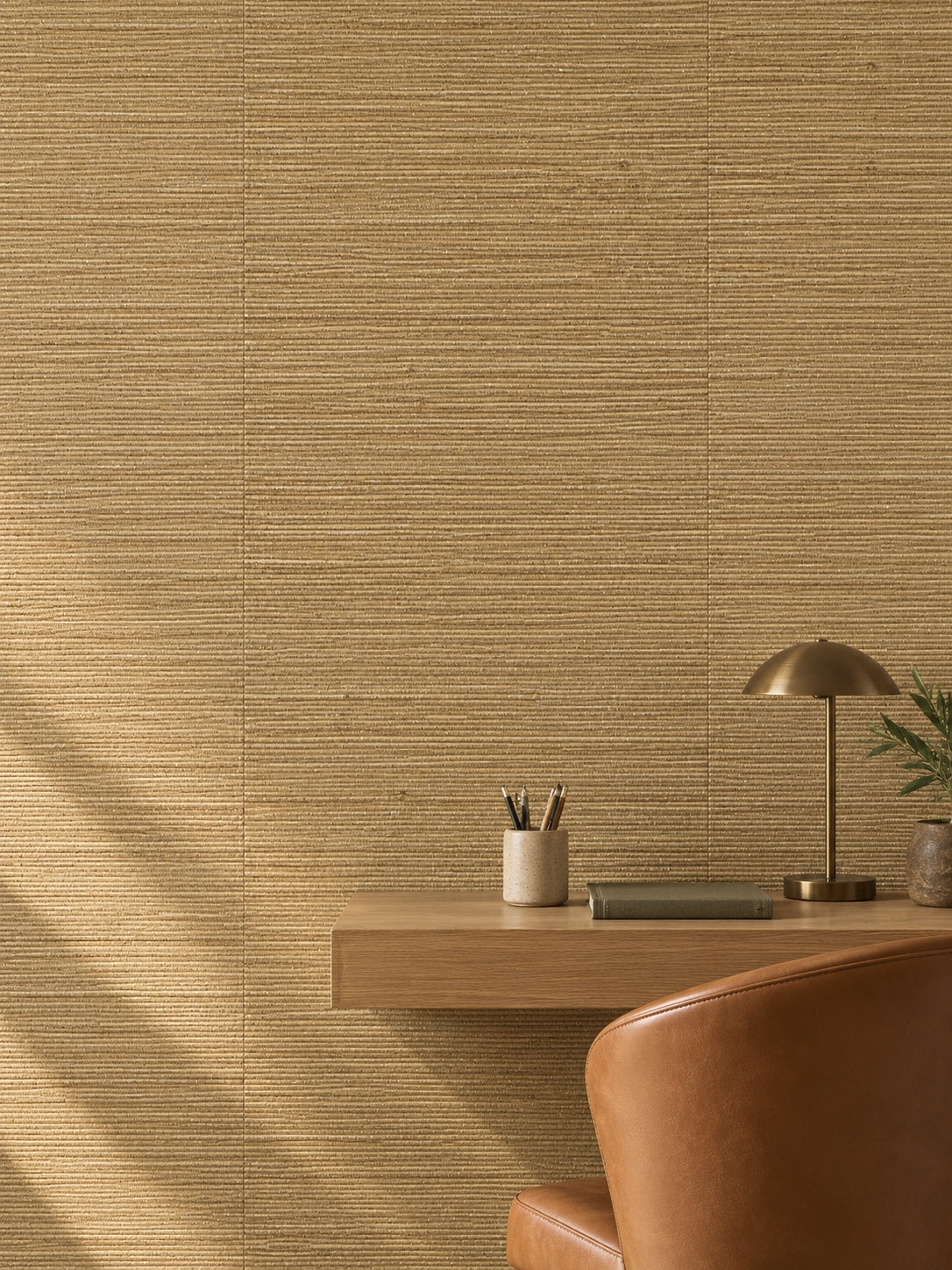 Bronze Brown Textured Abaca Wallpaper — styled olive timber study visualisation with fine woven texture and subtle flush wallpaper joins