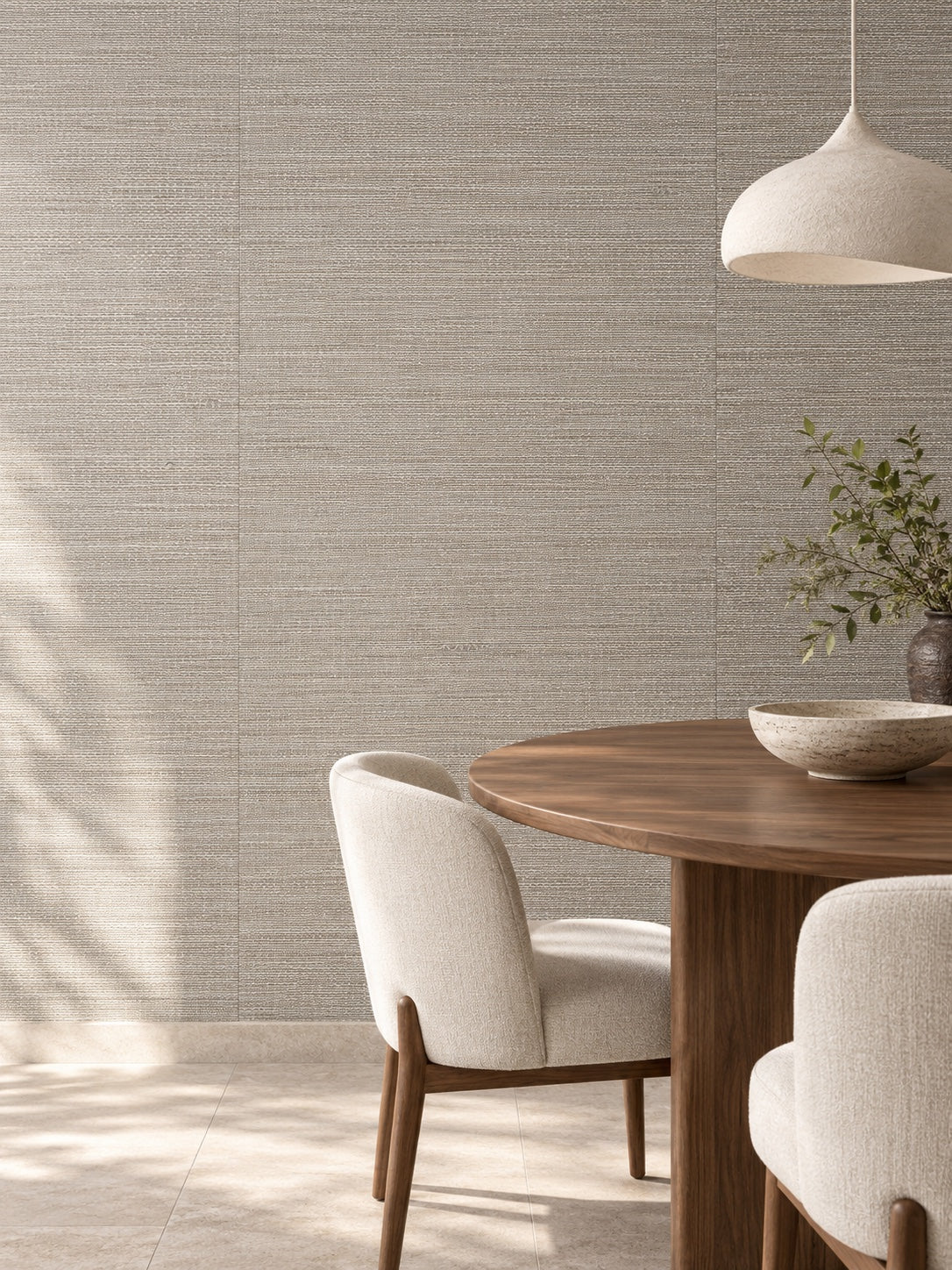 Mushroom Grey Basketweave Abaca Wallpaper — styled evergreen dining corner visualisation with fine woven texture and subtle flush wallpaper joins