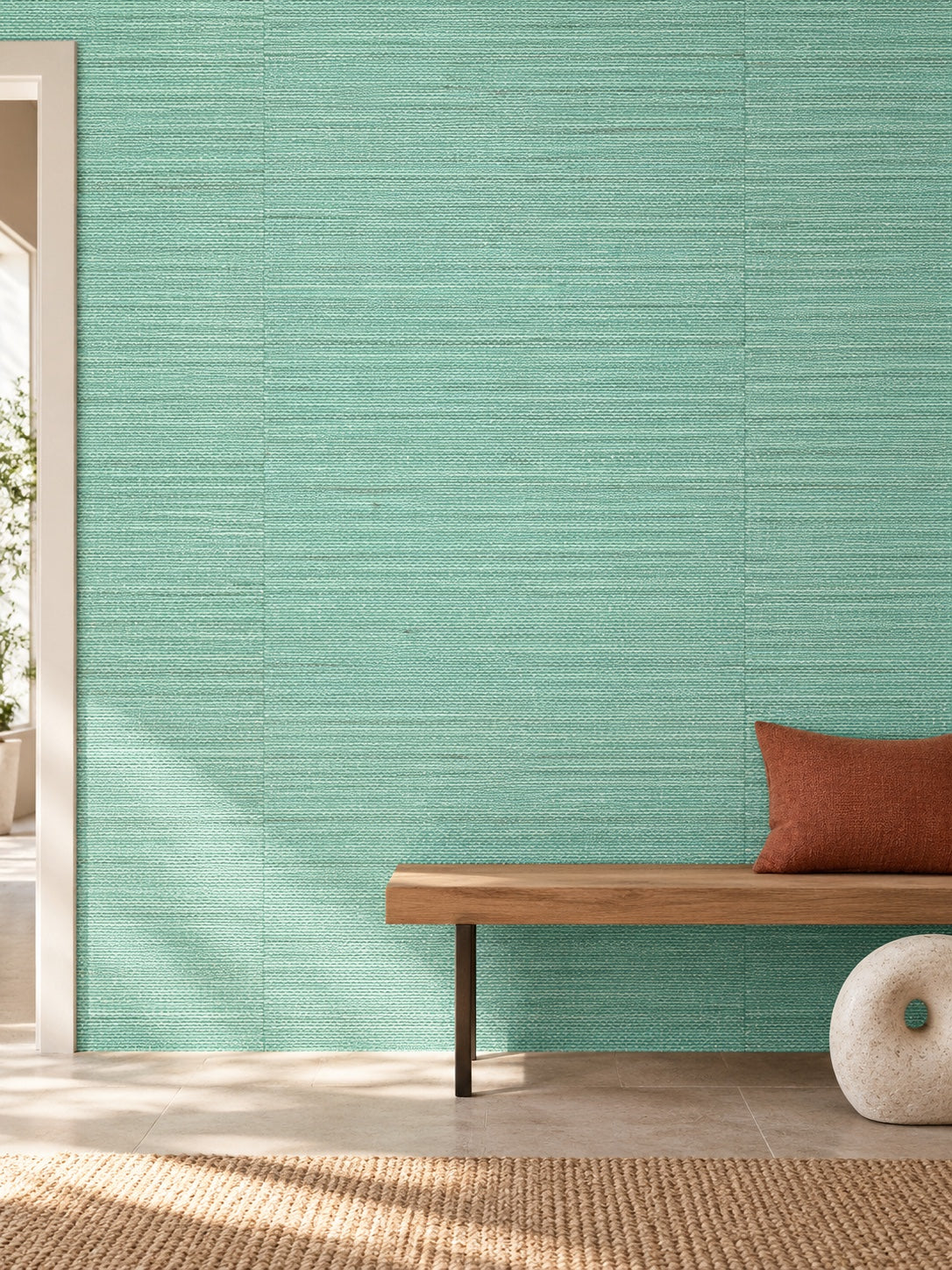 Mint Green Striped Abaca Wallpaper — styled oak gallery entrance visualisation with fine woven texture and subtle flush wallpaper joins
