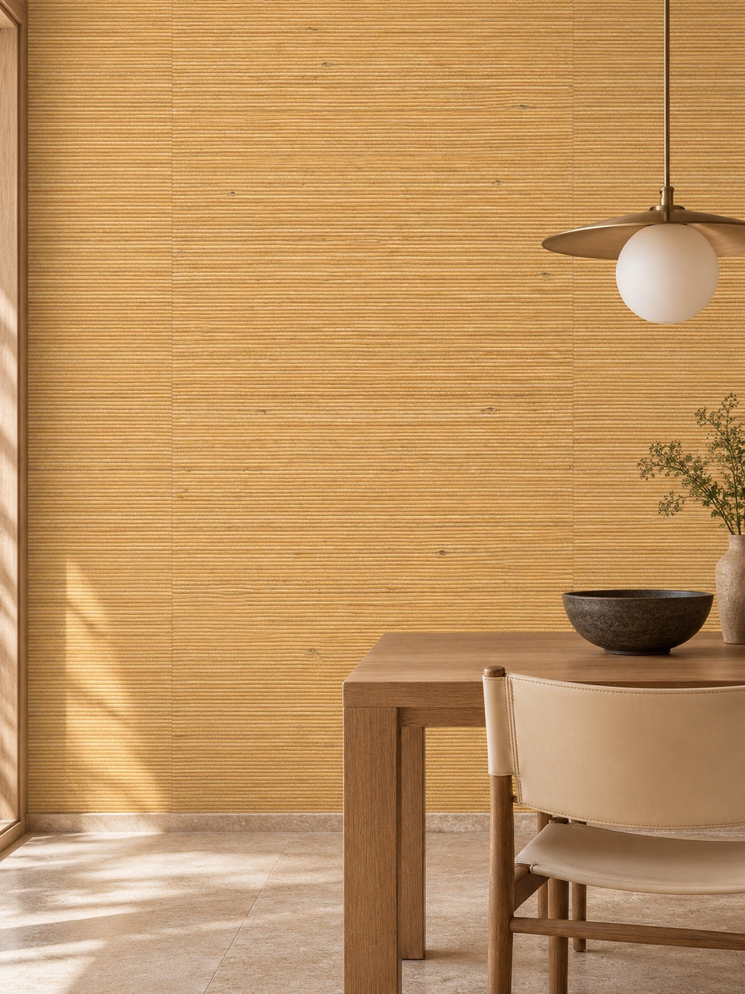 Honey Gold Woven Abaca Wallpaper — styled bronze dining vignette visualisation with fine woven texture and subtle flush wallpaper joins