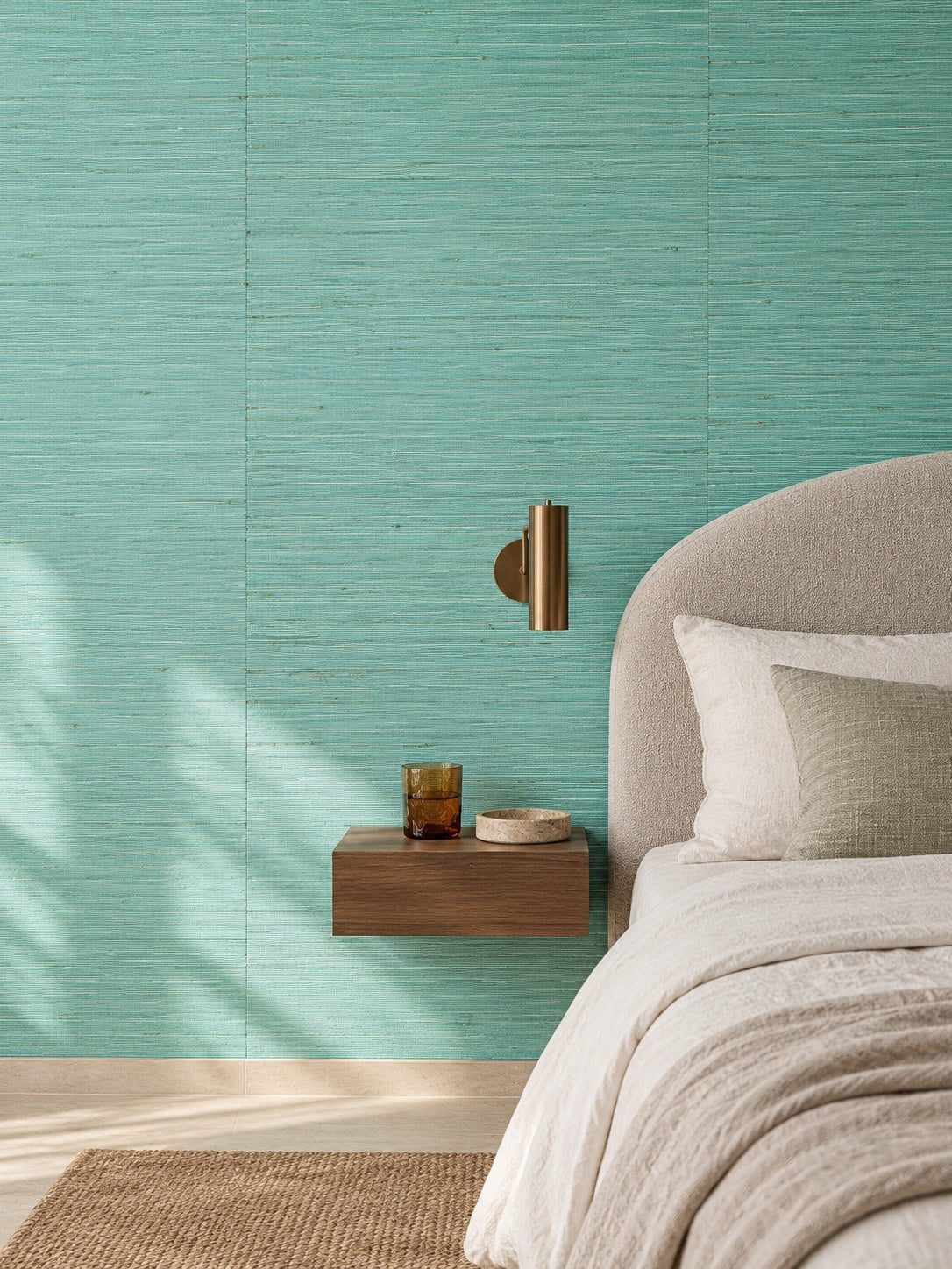 Aqua Green Woven Abaca Wallpaper — styled tailored guest bedroom visualisation with fine woven texture and subtle flush wallpaper joins