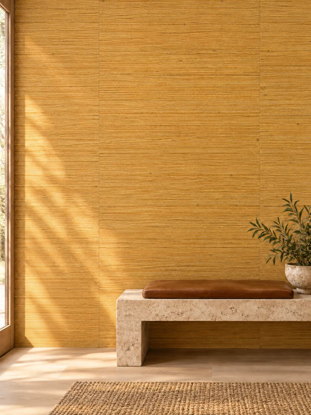 Ochre Gold Fine Weave Abaca Wallpaper — styled stone foyer visualisation of tone and texture, with subtle flush wallpaper joins