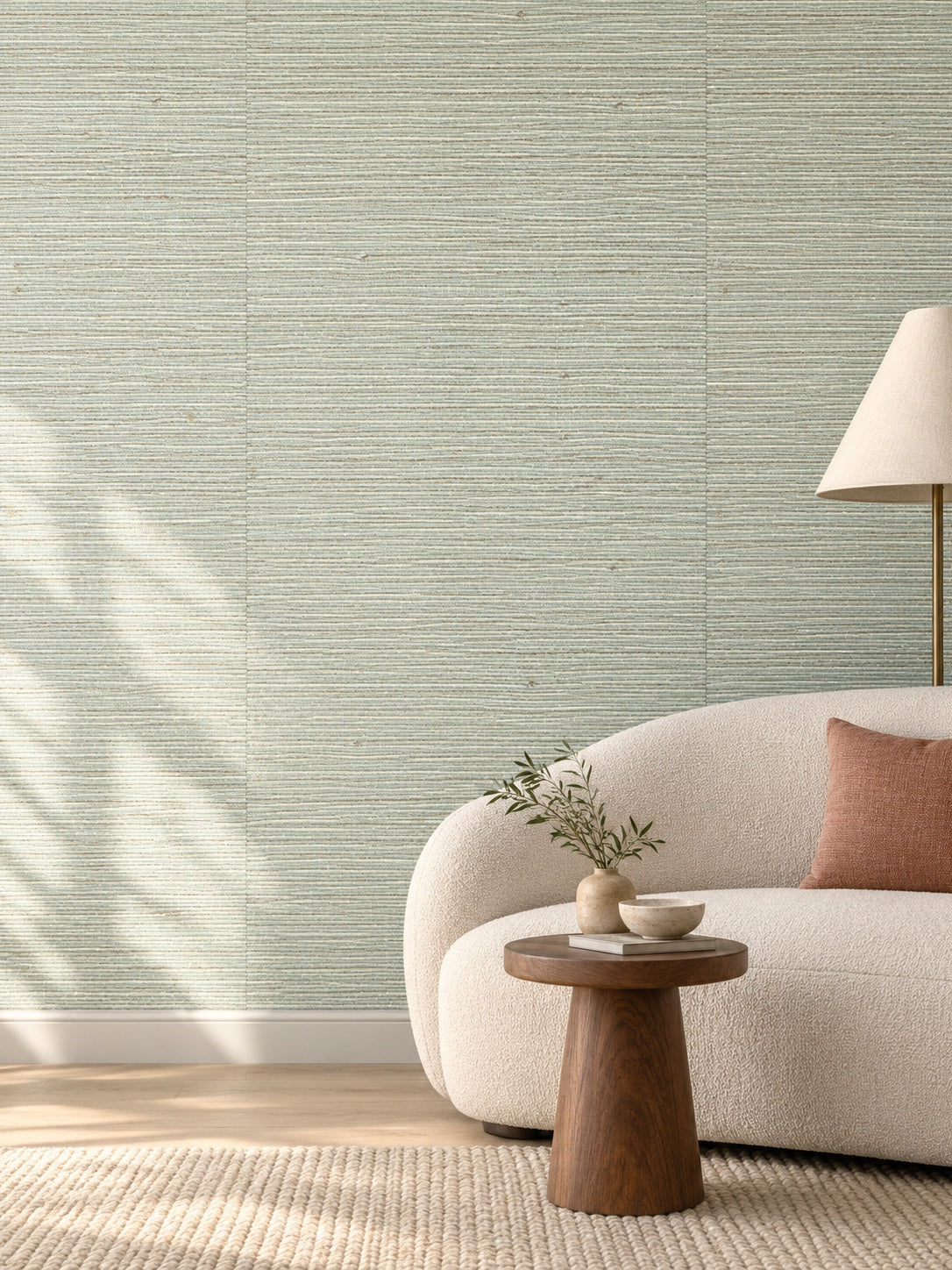 Light Sage Grey Textured Abaca Wallpaper — styled curved ivory lounge visualisation with fine woven texture and subtle flush wallpaper joins