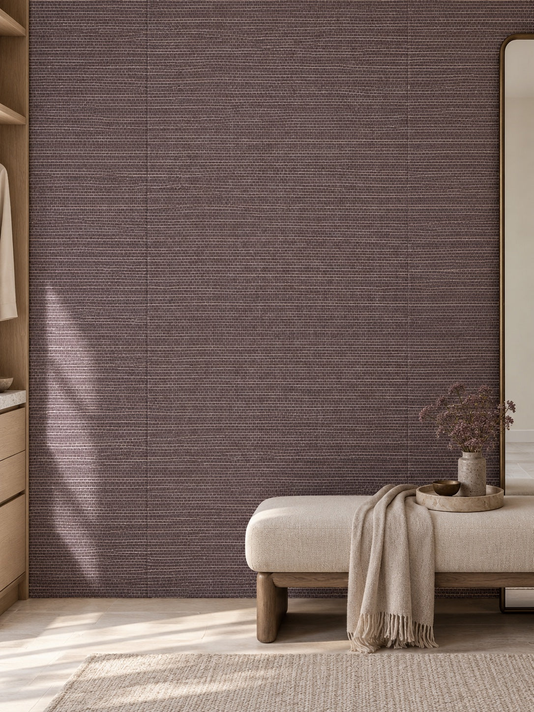 Dusty Plum Basketweave Abaca Wallpaper — styled ash dressing room visualisation with fine woven texture and subtle flush wallpaper joins