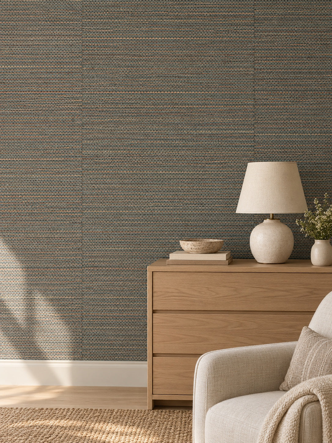 Charcoal Brown Textured Abaca Wallpaper — styled soft linen nursery visualisation with fine woven texture and subtle flush wallpaper joins