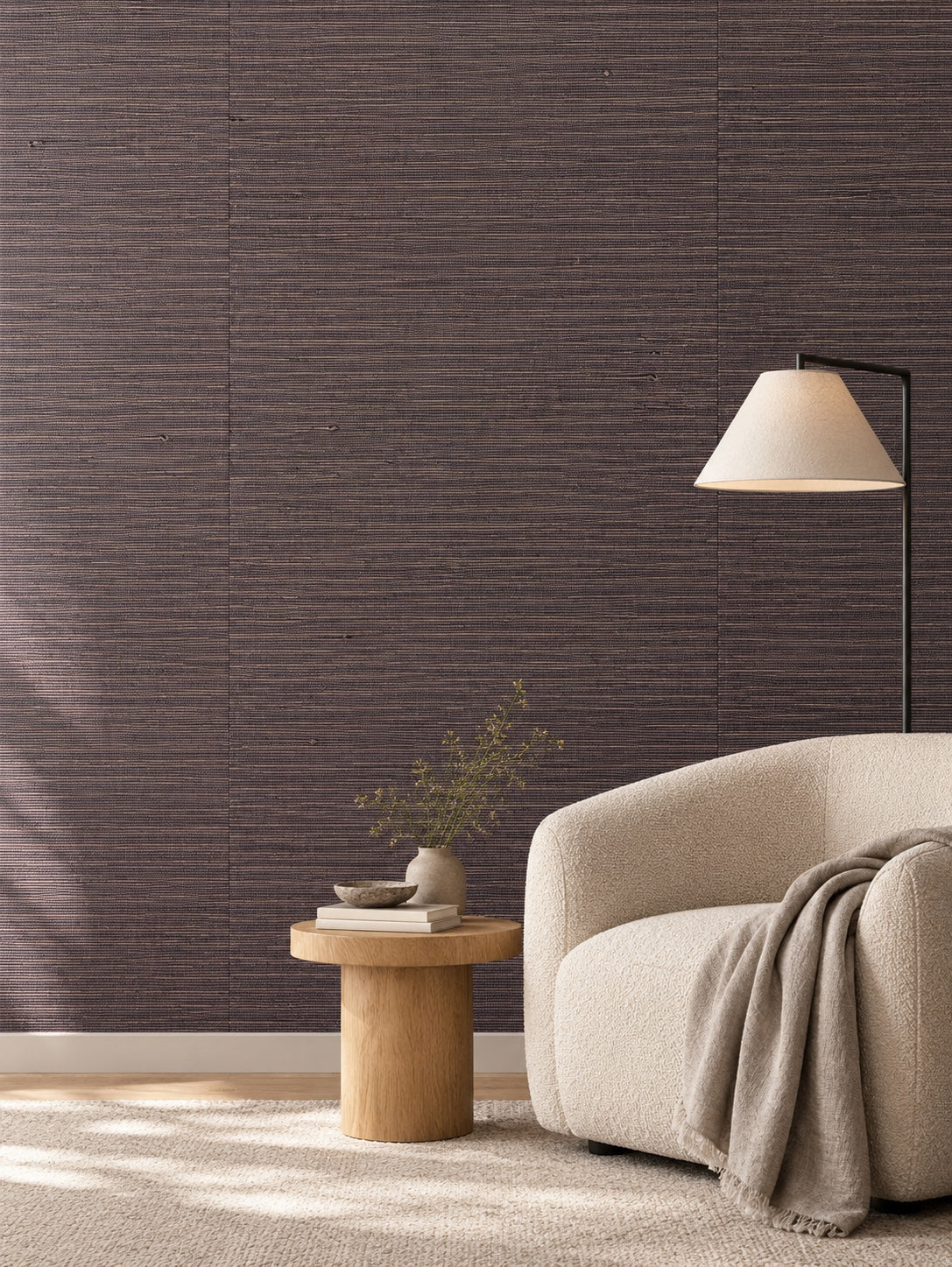 Dark Plum Fine Weave Abaca Wallpaper — styled parchment living room visualisation with fine woven texture and subtle flush wallpaper joins