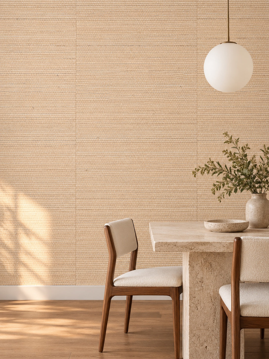 Warm Beige Basketweave Abaca Wallpaper — styled modern apartment dining visualisation with fine woven texture and subtle flush wallpaper joins