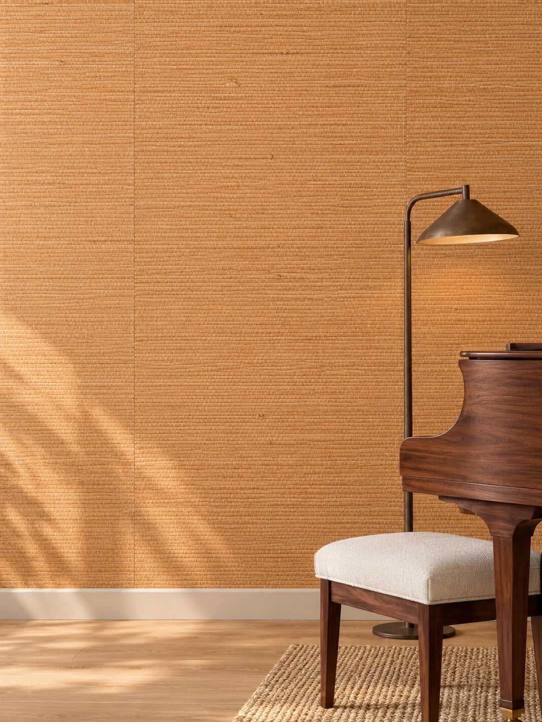 Caramel Brown Basketweave Abaca Wallpaper — styled timber music room visualisation with fine woven texture and subtle flush wallpaper joins