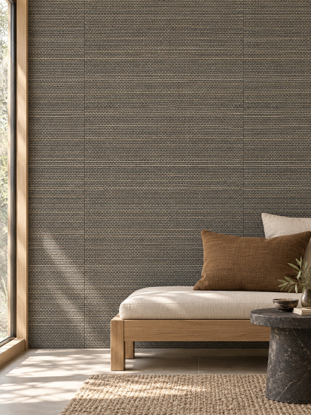 Charcoal and Brown Woven Abaca Wallpaper — styled quiet window seat visualisation with fine woven texture and subtle flush wallpaper joins