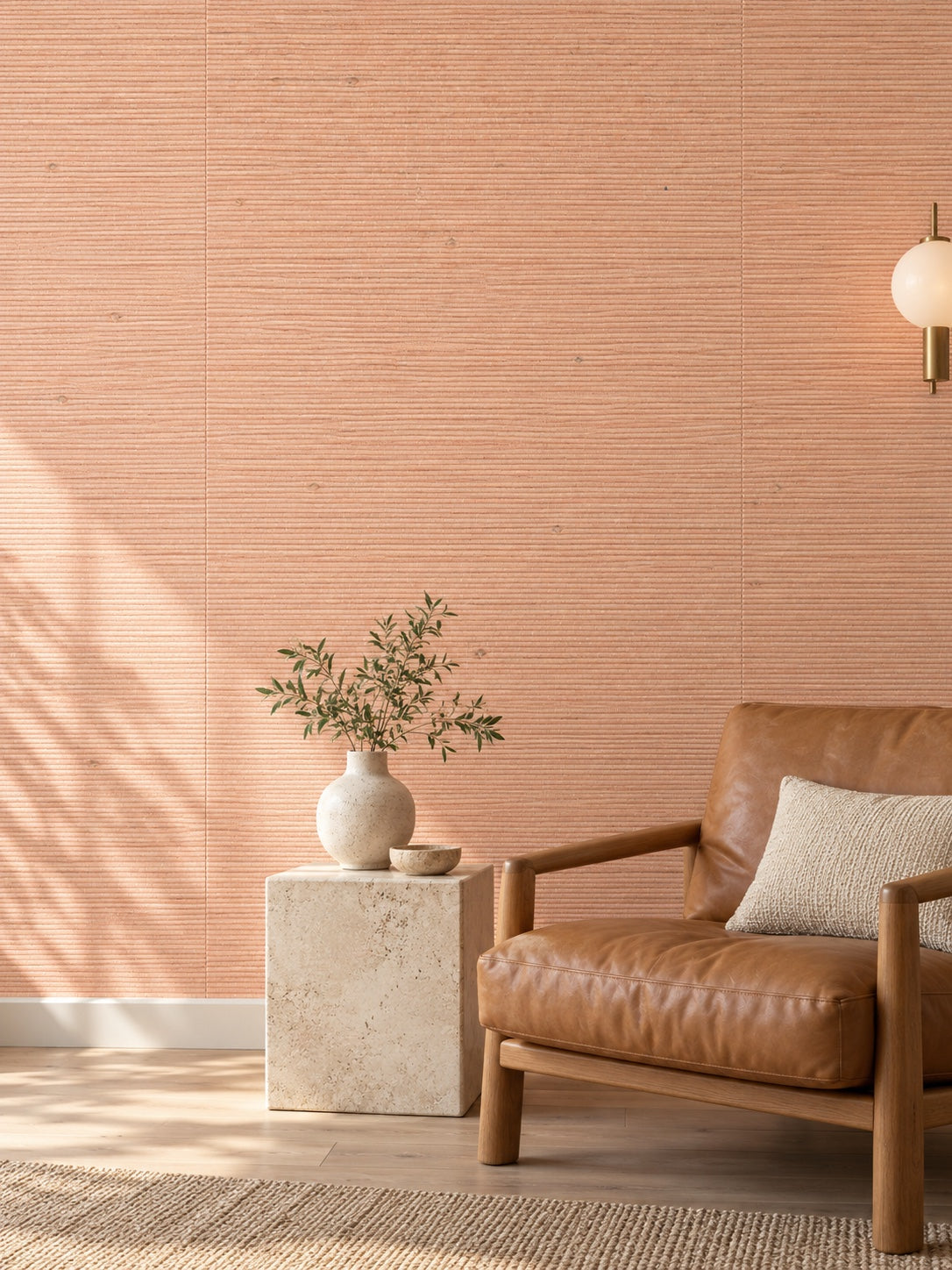 Peach Pink Textured Abaca Wallpaper — styled stone and leather salon visualisation with fine woven texture and subtle flush wallpaper joins