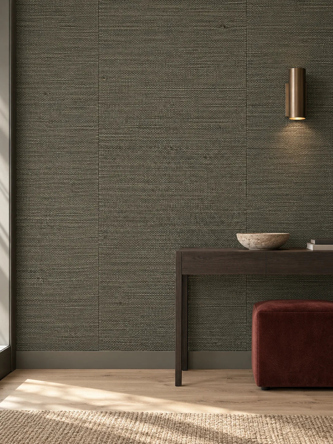 Olive Charcoal Textured Abaca Wallpaper — styled entry with dark oak visualisation of tone and texture, with subtle flush wallpaper joins