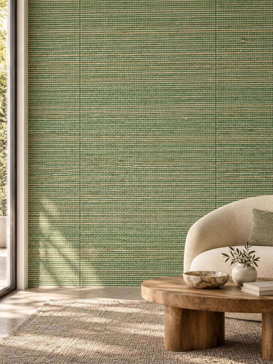 Sage Green and Tan Striped Abaca Wallpaper — styled terrace sitting room visualisation of tone and texture, with subtle flush wallpaper joins