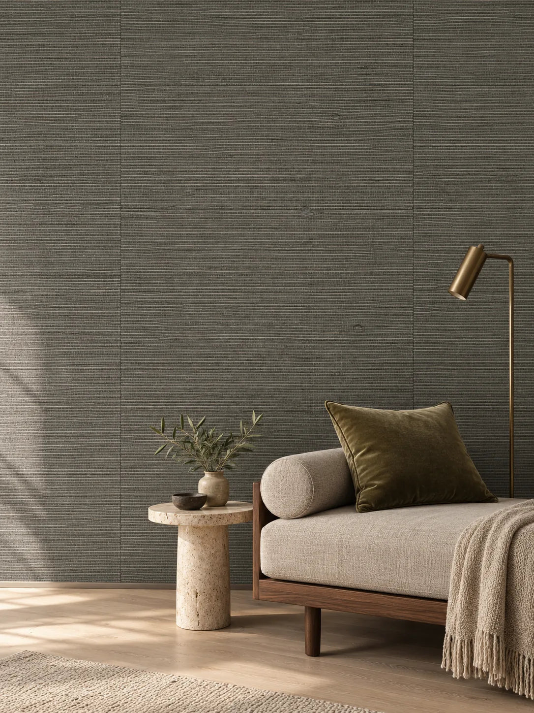 Dark Grey Brown Linear Abaca Wallpaper — styled quiet guest sitting room visualisation of tone and texture, with subtle flush wallpaper joins