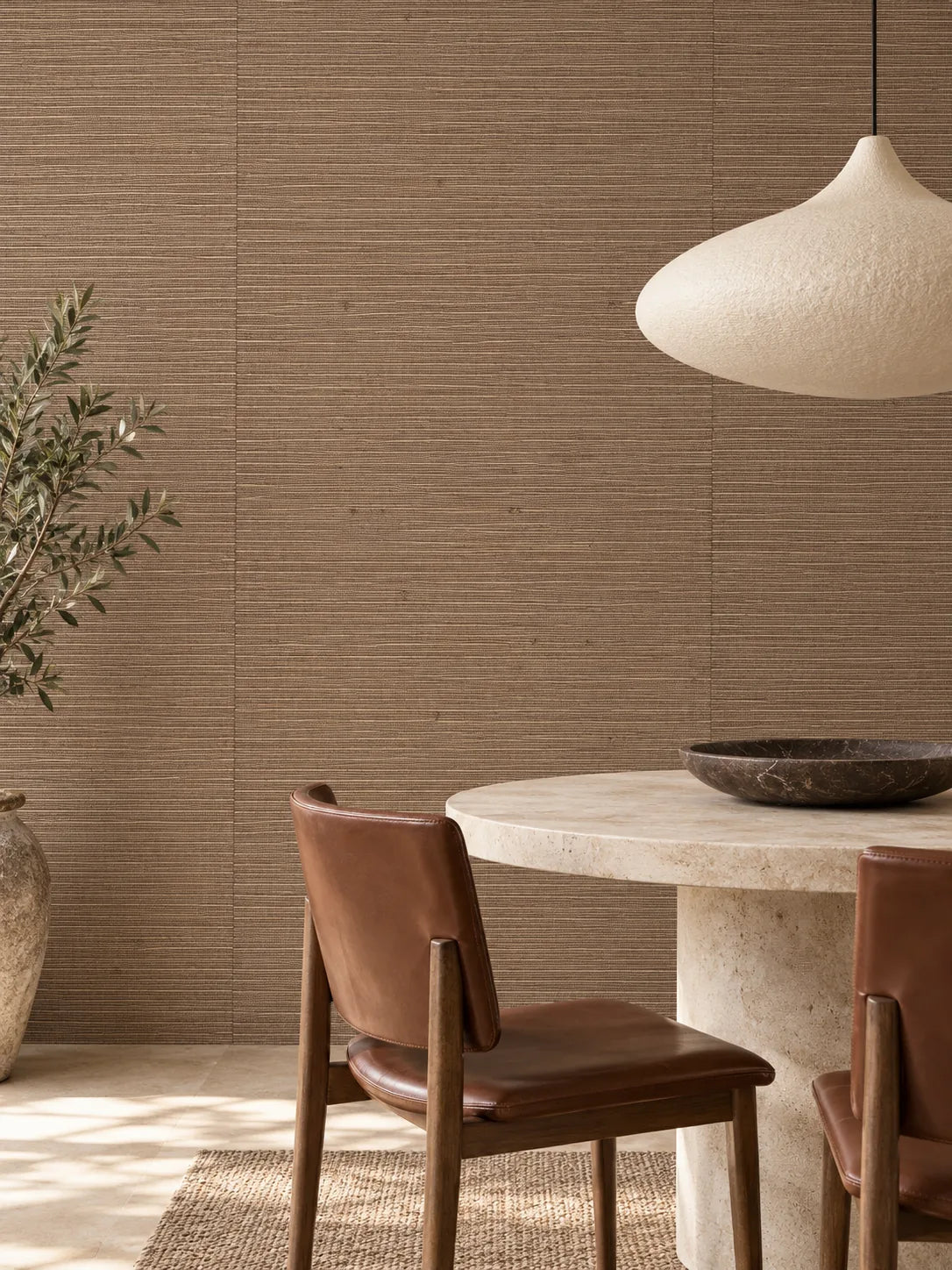 Chocolate Brown Fine Weave Abaca Wallpaper — styled limestone dining room visualisation of tone and texture, with subtle flush wallpaper joins