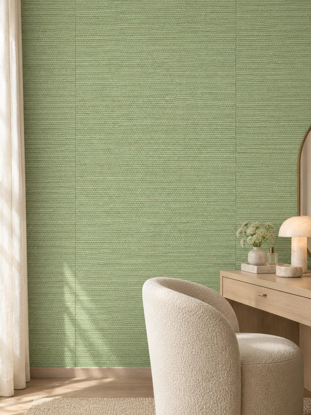 Pistachio Green Basketweave Abaca Wallpaper — styled modern boudoir visualisation of tone and texture, with subtle flush wallpaper joins