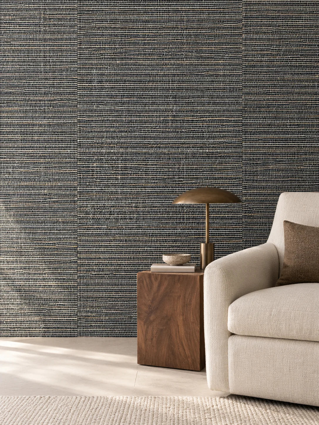 Black and Silver Woven Abaca Wallpaper — styled warm architectural retreat visualisation of tone and texture, with subtle flush wallpaper joins