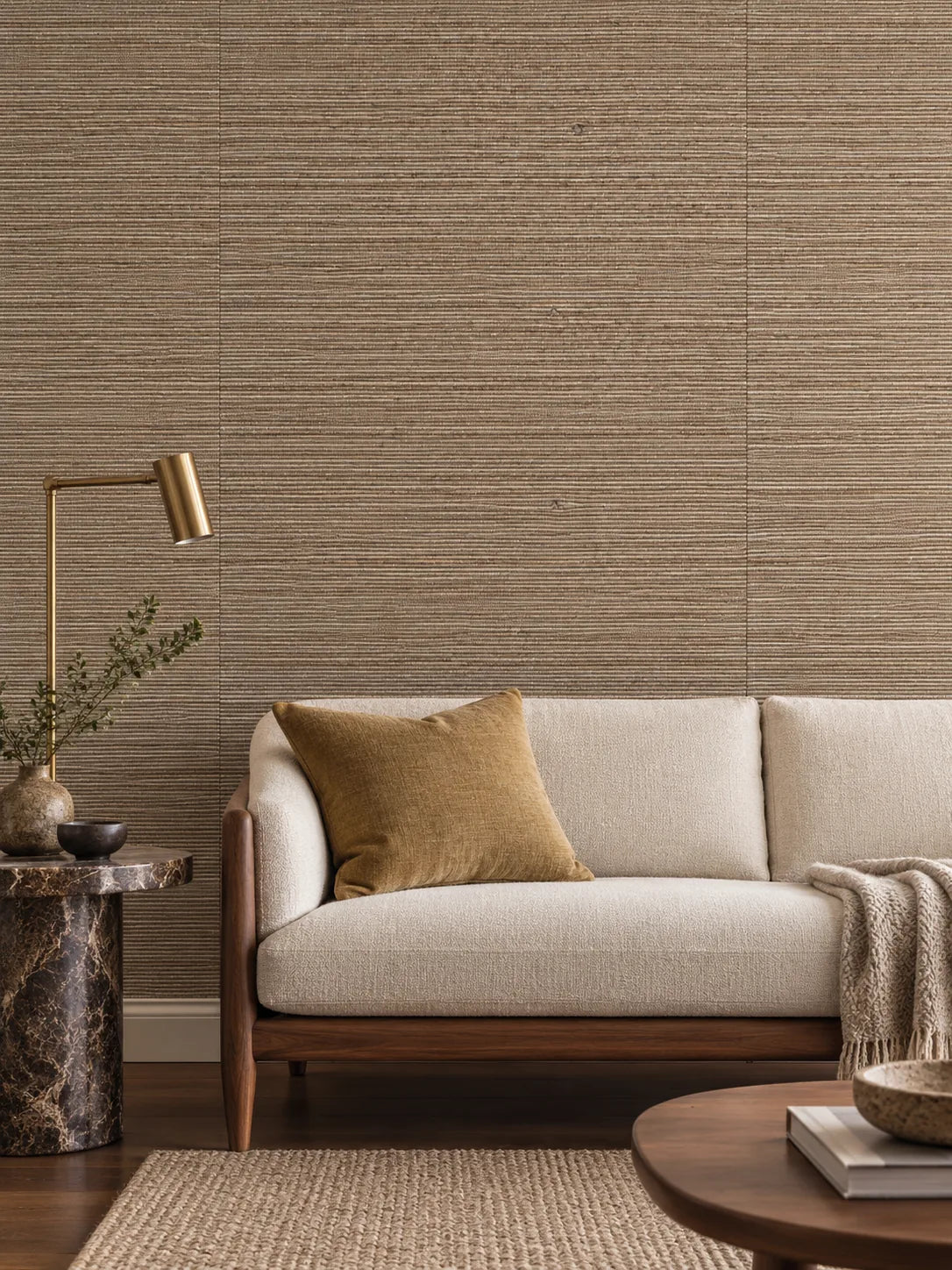 Brown Linear Abaca Wallpaper — styled walnut salon visualisation of tone and texture, with subtle flush wallpaper joins