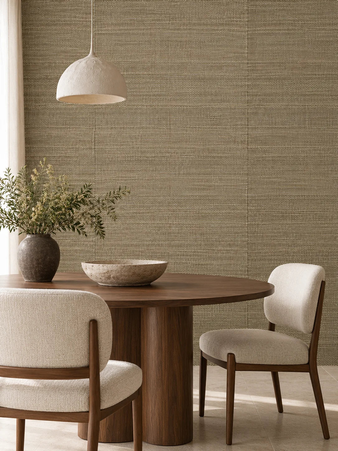 Olive Brown Textured Abaca Wallpaper — styled evergreen dining corner visualisation of tone and texture, with subtle flush wallpaper joins