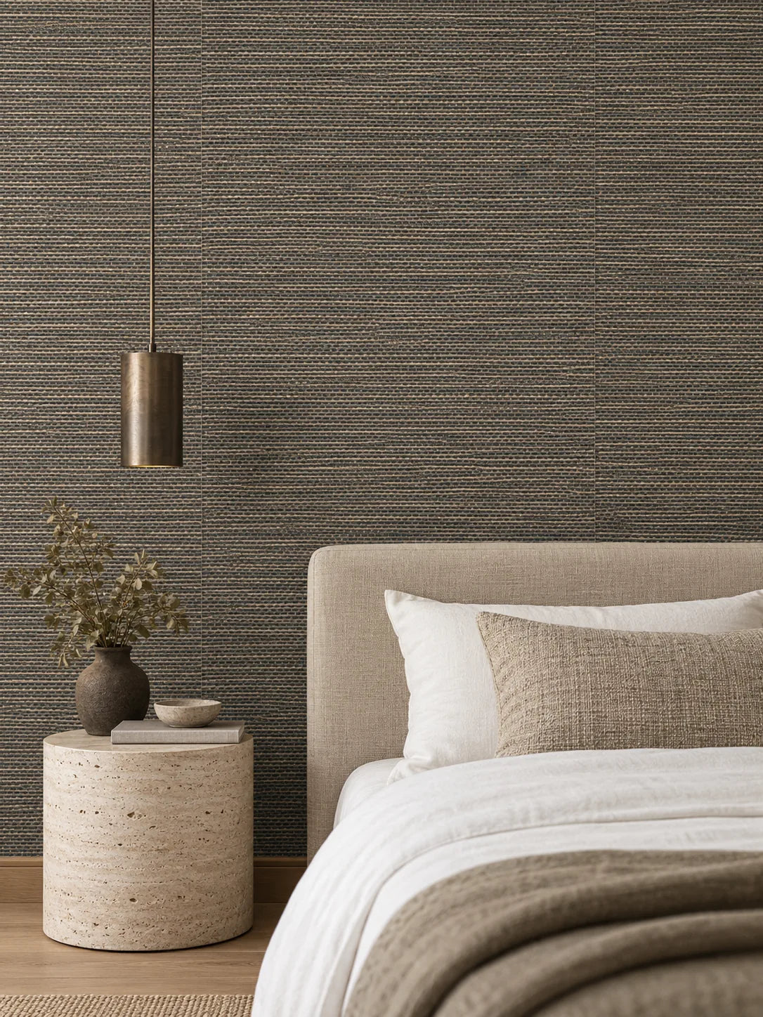 Dark Brown Textured Abaca Wallpaper — styled travertine bedroom visualisation of tone and texture, with subtle flush wallpaper joins