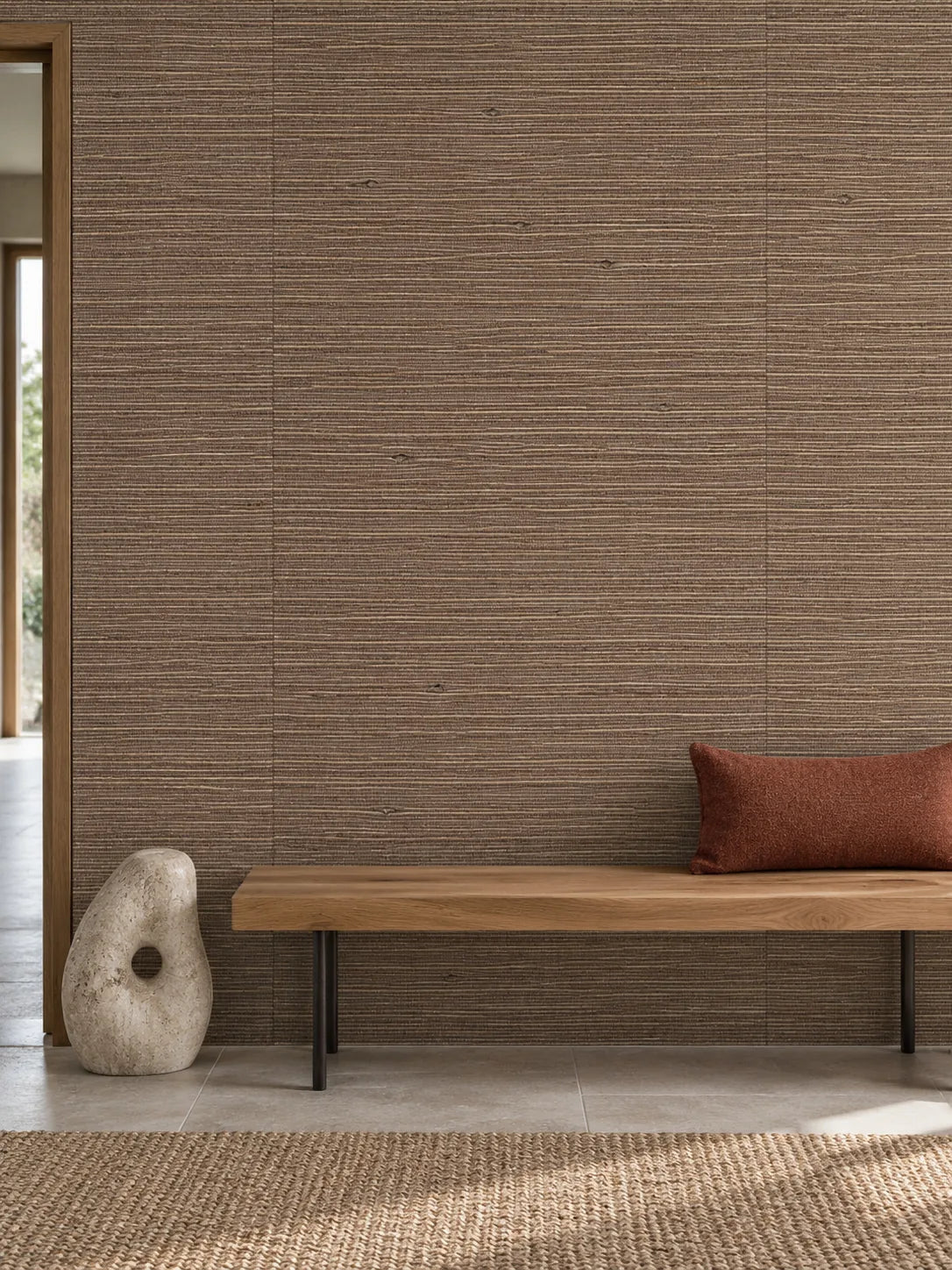 Chocolate Taupe Fine Weave Abaca Wallpaper — styled oak gallery entrance visualisation of tone and texture, with subtle flush wallpaper joins