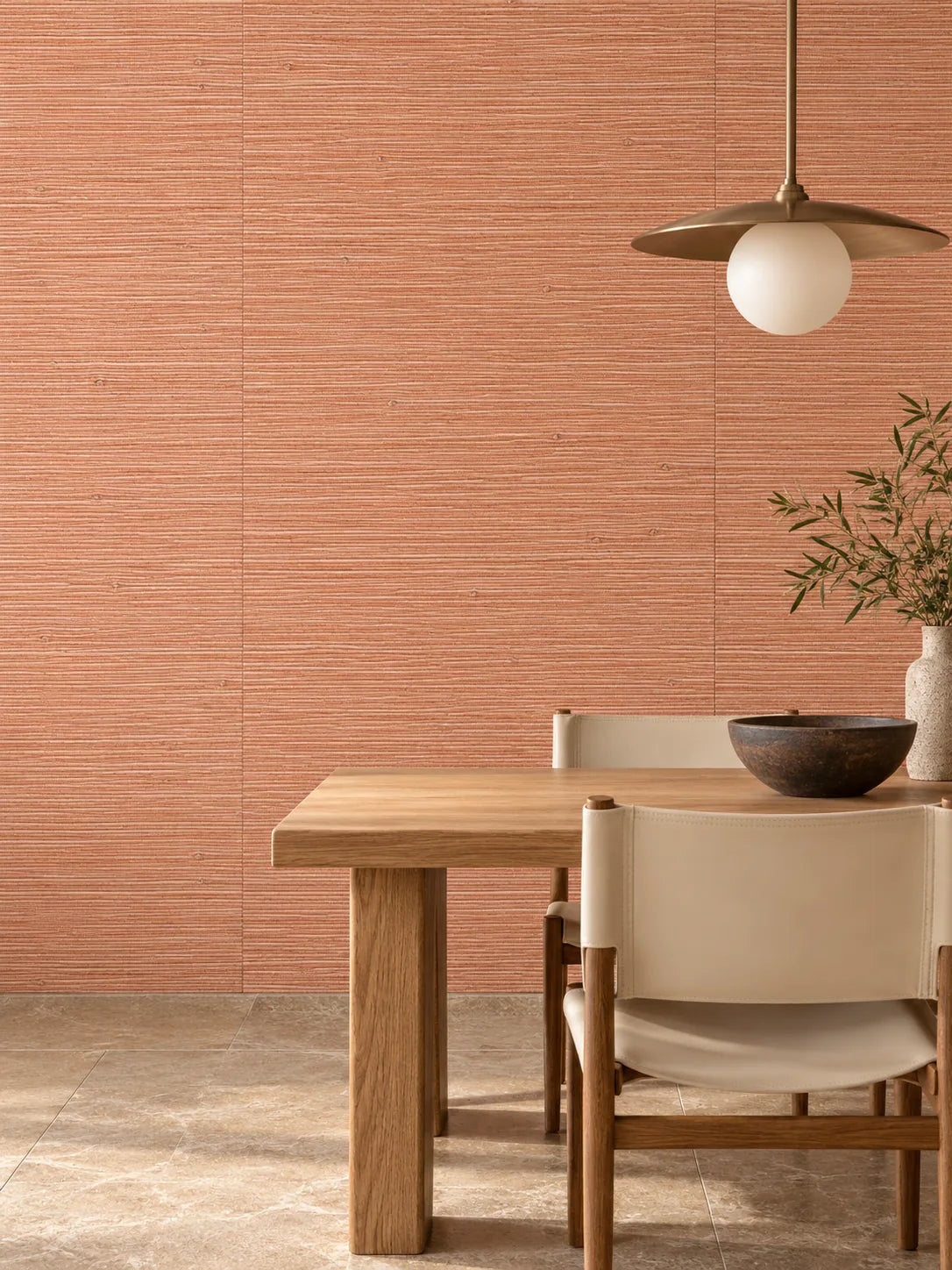 Terracotta Fine Weave Abaca Wallpaper — styled bronze dining vignette visualisation of tone and texture, with subtle flush wallpaper joins