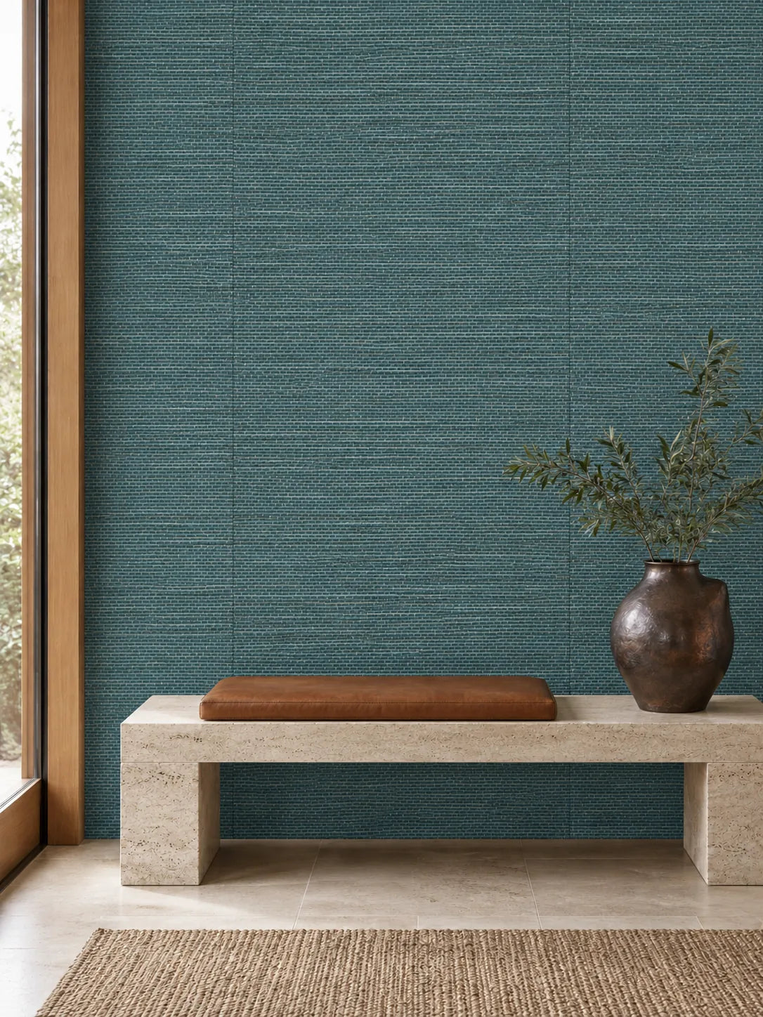 Dark Teal Textured Abaca Wallpaper — styled stone foyer - fine weave v2 visualisation of tone and texture, with subtle flush wallpaper joins