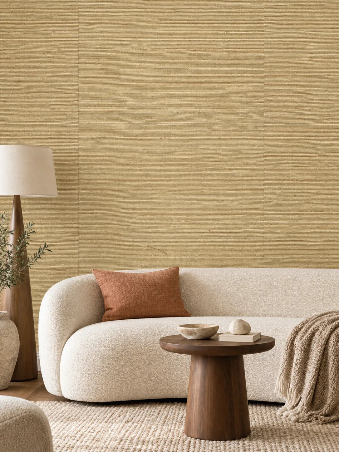 Golden Beige Woven Abaca Wallpaper — styled curved ivory lounge visualisation of tone and texture, with subtle flush wallpaper joins
