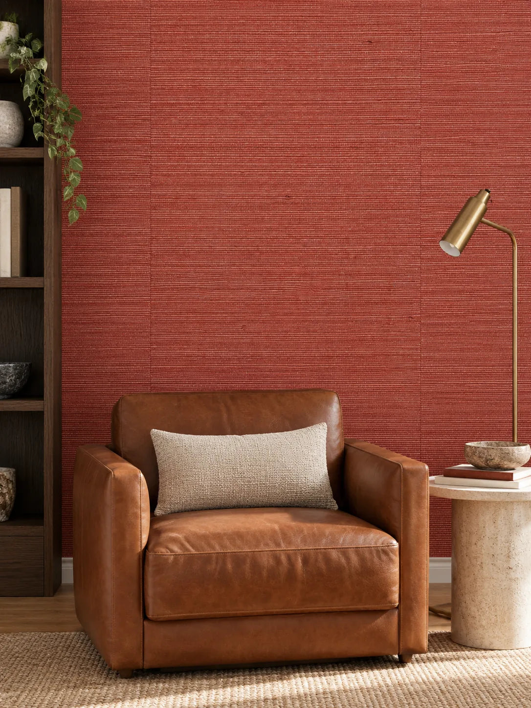 Brick Red Woven Abaca Wallpaper — styled collected library visualisation of tone and texture, with subtle flush wallpaper joins