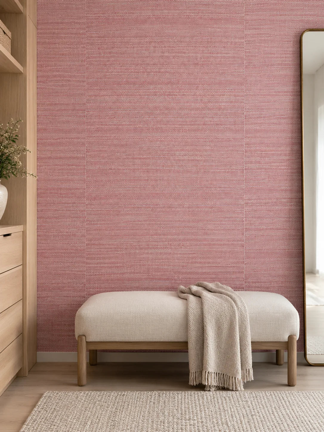 Dusty Pink Textured Abaca Wallpaper — styled ash dressing room visualisation of tone and texture, with subtle flush wallpaper joins