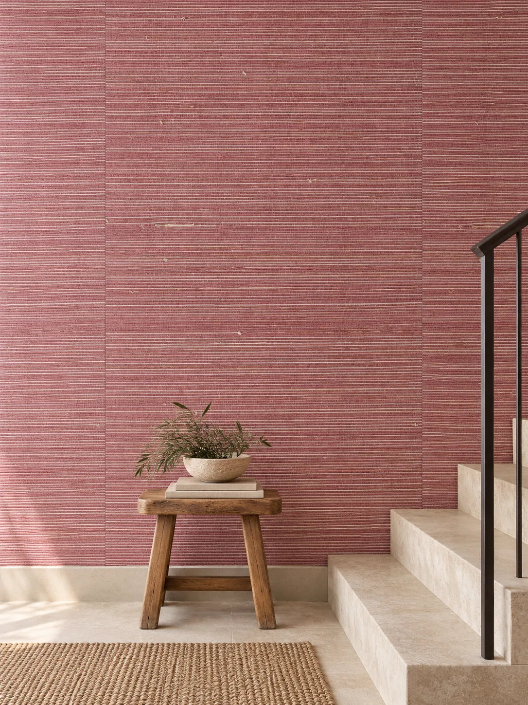 Dusty Rose Striped Abaca Wallpaper — styled minimal stair landing visualisation of tone and texture, with subtle flush wallpaper joins