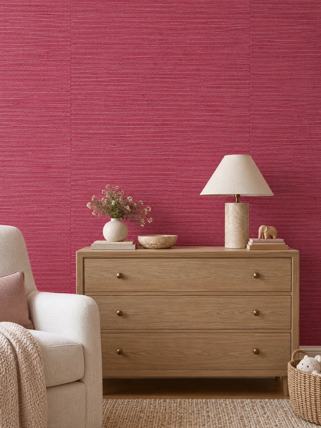 Raspberry Pink Textured Abaca Wallpaper — styled soft linen nursery visualisation of tone and texture, with subtle flush wallpaper joins