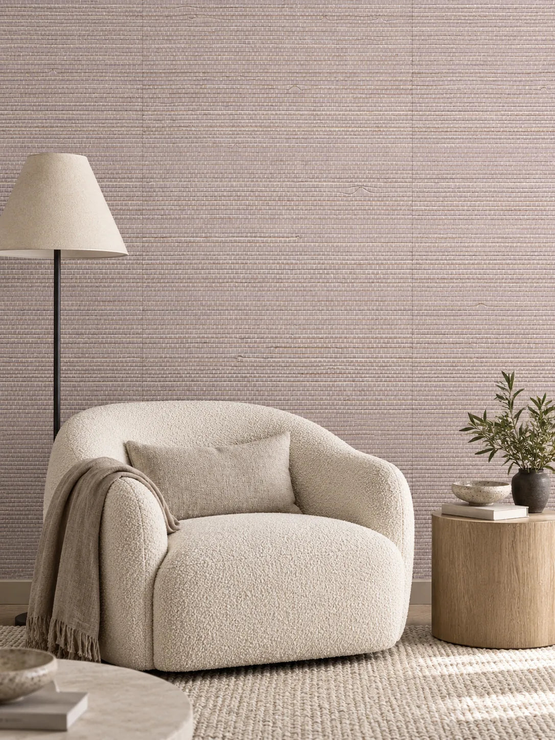 Lavender Textured Abaca Wallpaper — styled parchment living room visualisation of tone and texture, with subtle flush wallpaper joins