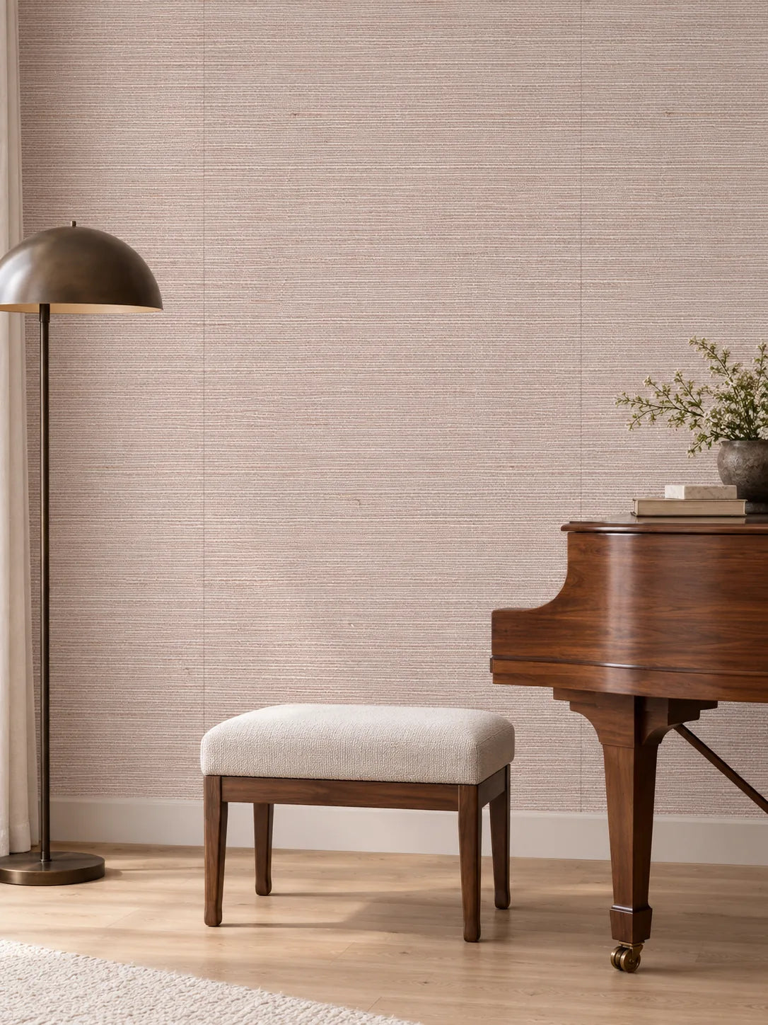 Blush Beige Woven Abaca Wallpaper — styled timber music room visualisation of tone and texture, with subtle flush wallpaper joins