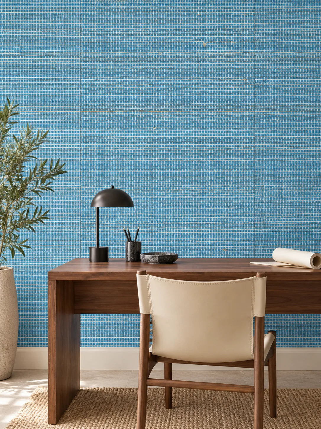 Blue and Ivory Open Weave Abaca Wallpaper — styled architectural office visualisation of tone and texture, with subtle flush wallpaper joins