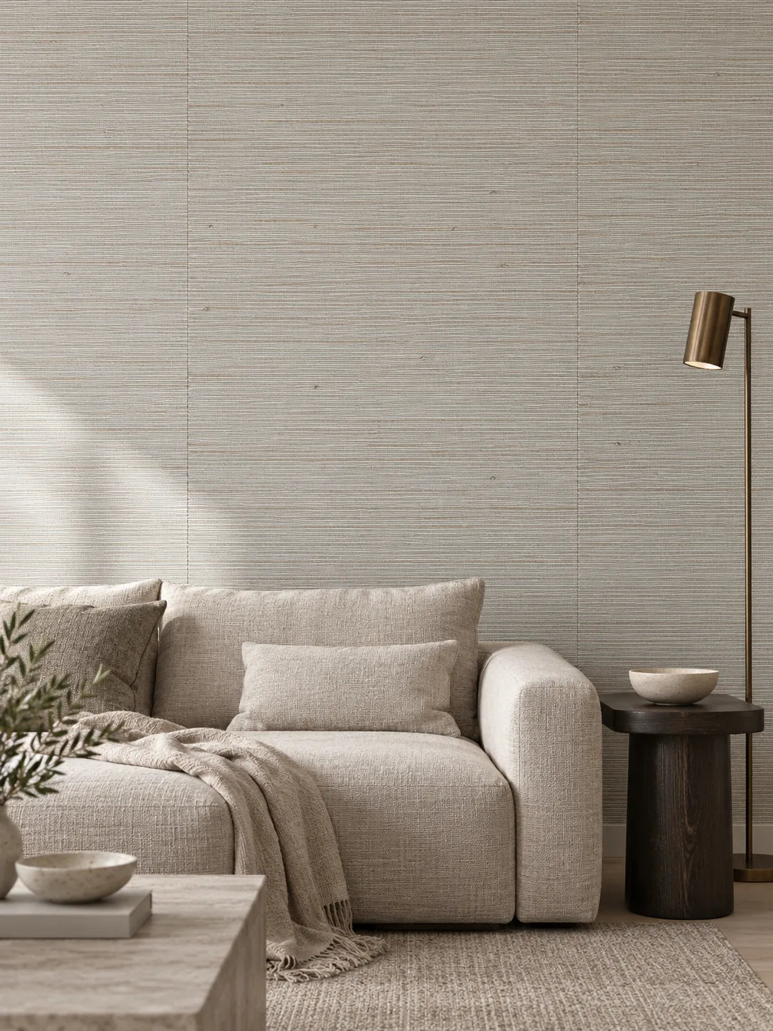 Pale Grey Fine Weave Abaca Wallpaper — styled calm media lounge visualisation of tone and texture, with subtle flush wallpaper joins