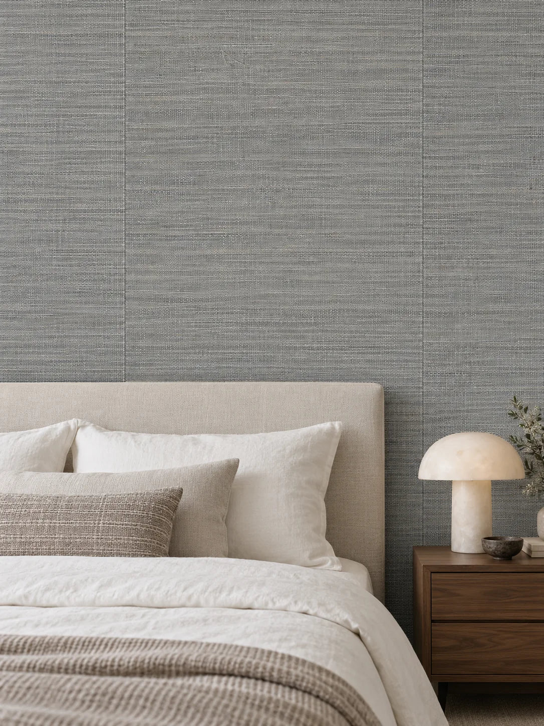 Cool Grey Basketweave Abaca Wallpaper — styled layered linen bedroom visualisation of tone and texture, with subtle flush wallpaper joins